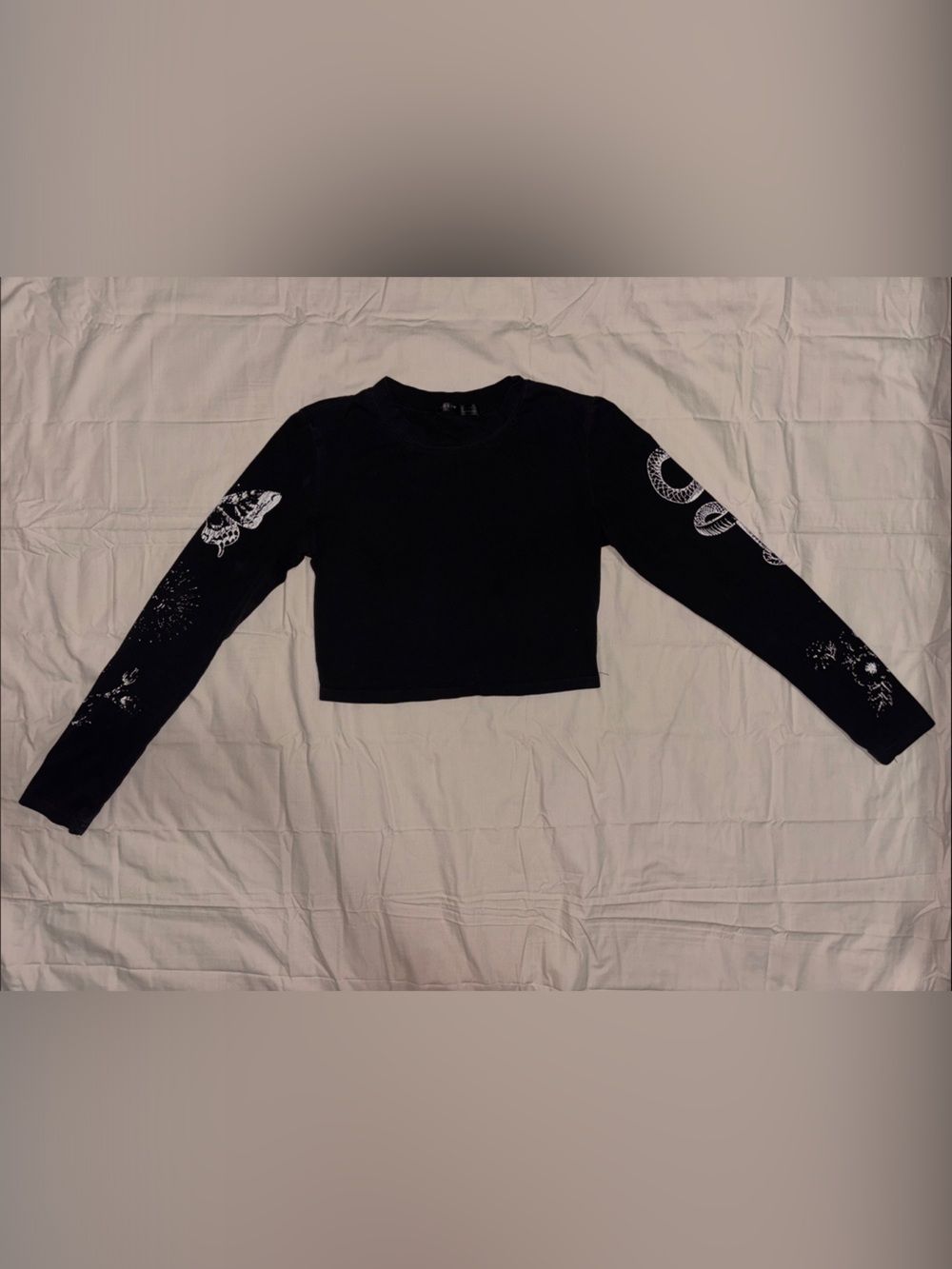 Black Crewneck Crop Top with White Sleeve Graphics